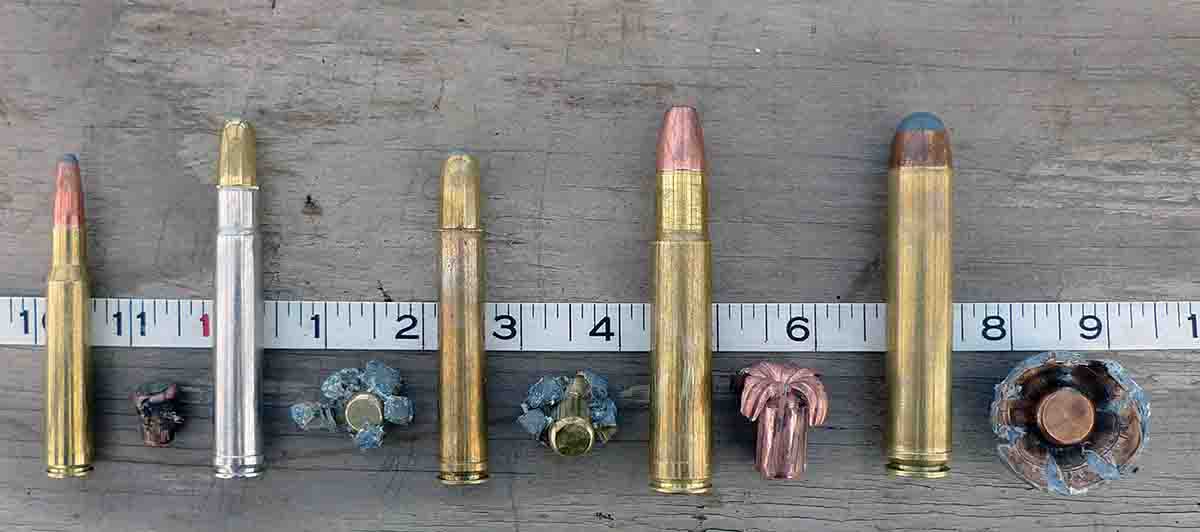 All these cartridges offer similar penetration and the ability to kill, but the immediate impact of the larger bores gives a more decisive edge (left to right): .30-06, Nosler 220-grain Partition; .416 Remington Magnum, Hornady 400-grain InterBond; .458 Winchester, Hornady 500-grain InterBond; .505 Gibbs, Barnes 570-grain TSX; and .600 Overkill, 900-grain Woodleigh.